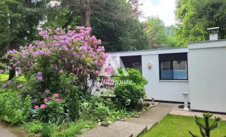 Architektenbungalow in einem Park mit viel Grün und altem Baumbestand