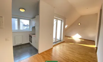 Moderne Dachgeschosswohnung mit großer Terrasse nahe Arthaberplatz in ruhiger Seitengasse! Hohe Decken und Traumbad mit Fenster