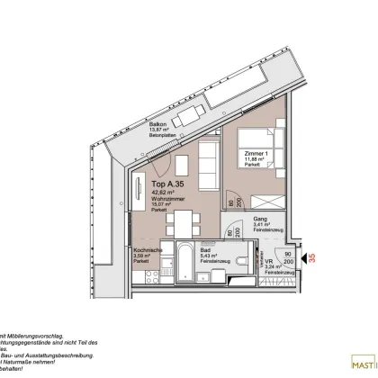 Provisionsfrei - 2-Zimmer Wohnung im 5. Stock mit 13qm Balkon und Grünblick! - Bild 3