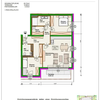 Blumengasse - 3 Zimmer Wohnung mit Terrasse | 2.OG = DG | Neubau - Erstbezug | Klimaanlage | Einbauküche | zzgl. Tiefgaragenstellplatz | Top C14 - Bild 2